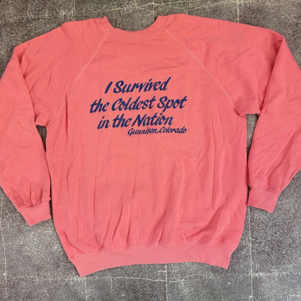 Mens Vintage 90s I Survived the Coldest Spot In The Nation Pink Sweatshirt Sz XL
